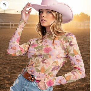 Floral Printed Sheer Mesh Fitted Top